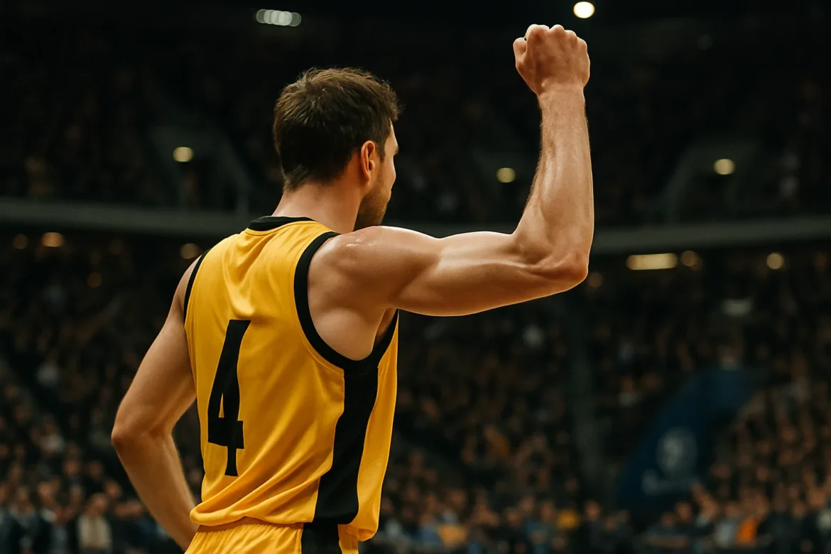 Παίκτης μπάσκετ πανηγυρίζει σε τελικό EuroCup με κίτρινη-μαύρη φανέλα