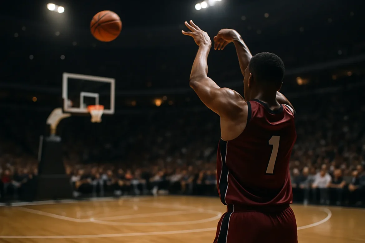 Παίκτης μπάσκετ σε εσωτερικό γήπεδο NBA με φανέλα Miami Heat