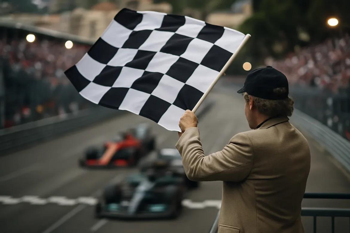Στιγμιότυπο από τον τερματισμό του Grand Prix του Μονακό με διάσημο προσκεκλημένο να κυματίζει την καρό σημαία