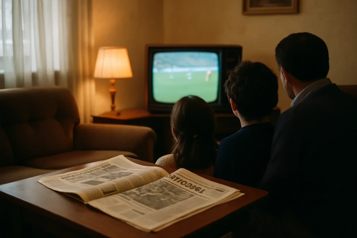 Ελληνικό σαλόνι δεκαετίας 1980 με τηλεόραση που δείχνει αγώνα Παγκοσμίου Κυπέλλου